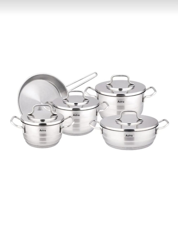 Astra 9-Piece Astra Premium Cookware Set - 18/10 - Stainless Steel -3Deep Pots -1Low Pot -1Frypan