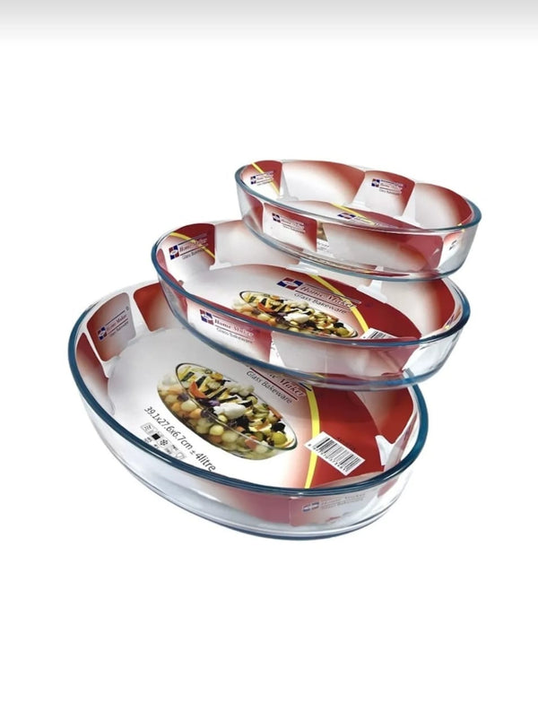 AVCI HOME MAKER З Pieces Oval Glass Baking Dish Set Lt x 3.2 Lt + 2.4 Lt Capacity - Clear