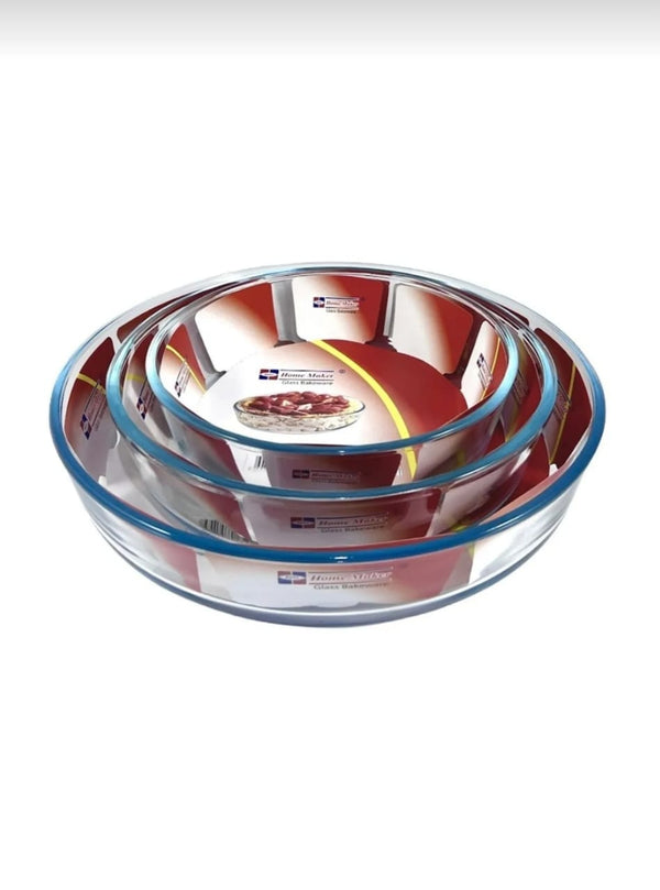AVCI HOME MAKER 3 Pieces Round Glass Baking Dish Set 3 Lt + 2.1 Lt + 1.5 Lt Capacity Clear