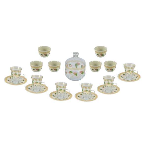 Luxury Arabic Coffee & Tea Set 6 Arabic coffee cups (Cawa cups), 6 glass tea cups with matching saucers, and 1 decorative sugar pot with a lid. Elegant Glass & Porcelain Cups with Serving Dish